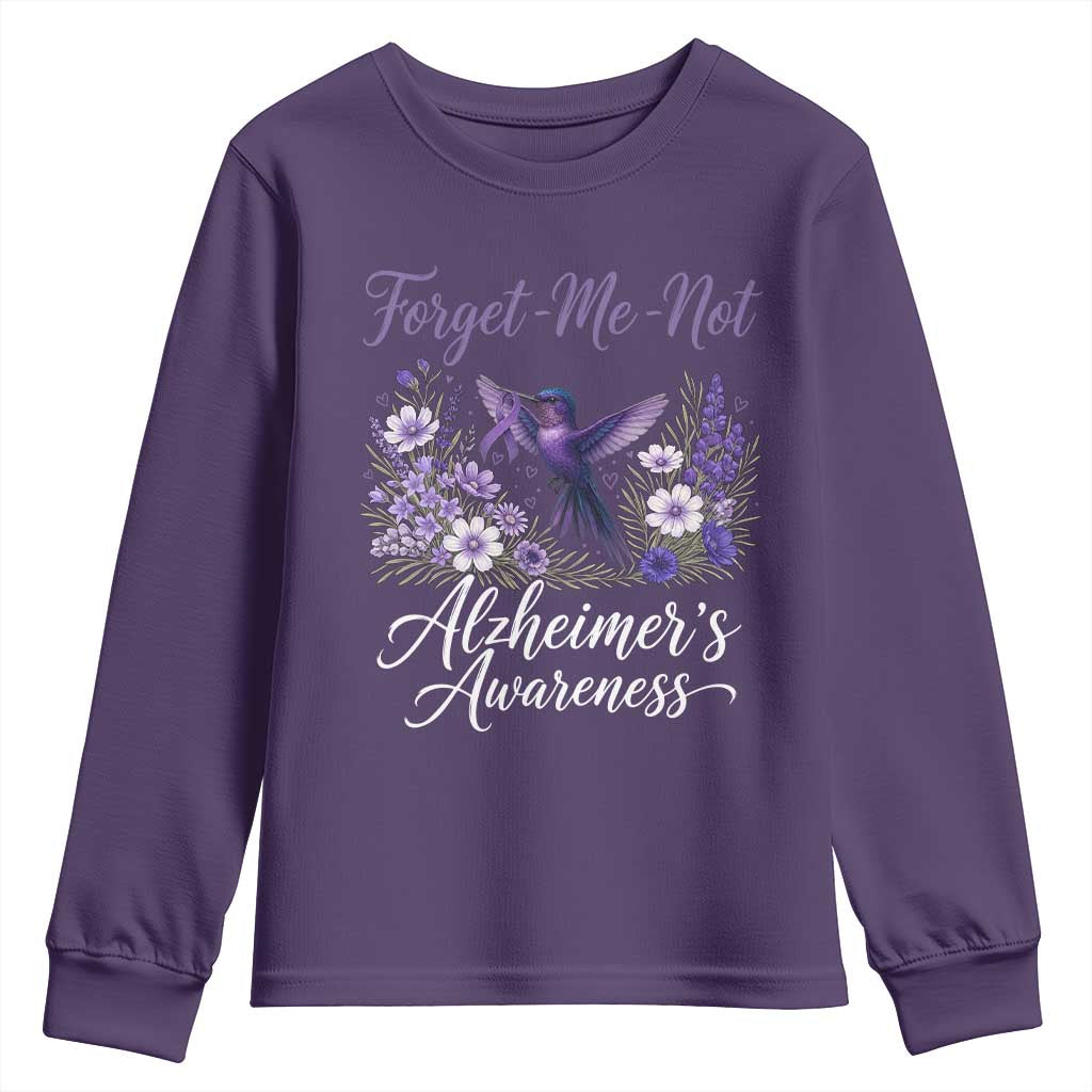 Forget Me Not Alzheimers Awareness Youth Sweatshirt Hummingbird Purple Ribbon Floral TS12 Purple Print Your Wear