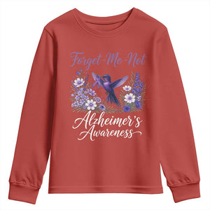 Forget Me Not Alzheimers Awareness Youth Sweatshirt Hummingbird Purple Ribbon Floral
