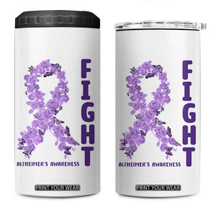 Fight Alzheimers Awareness Support 4 in 1 Can Cooler Tumbler Purple Ribbon Floral Butterfly