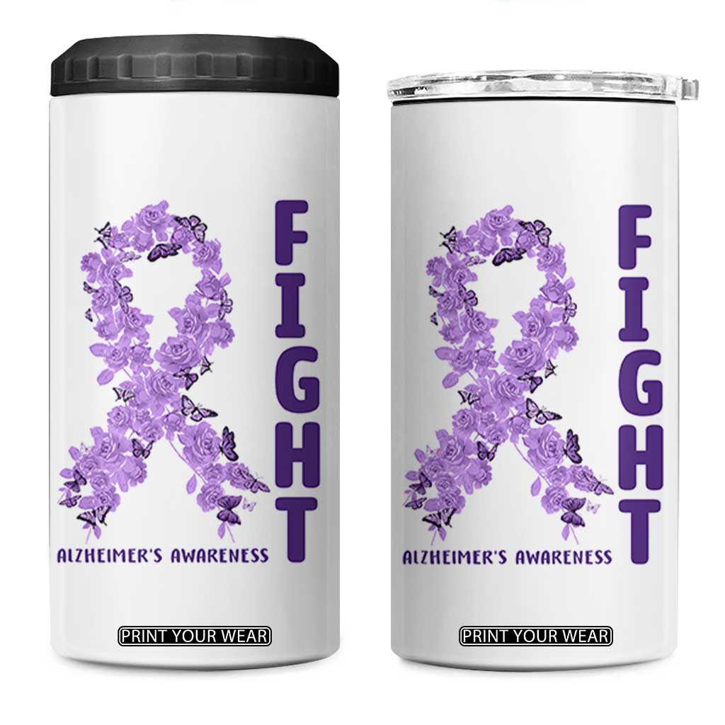 Fight Alzheimers Awareness Support 4 in 1 Can Cooler Tumbler Purple Ribbon Floral Butterfly TS12 One Size: 16 oz White Print Your Wear