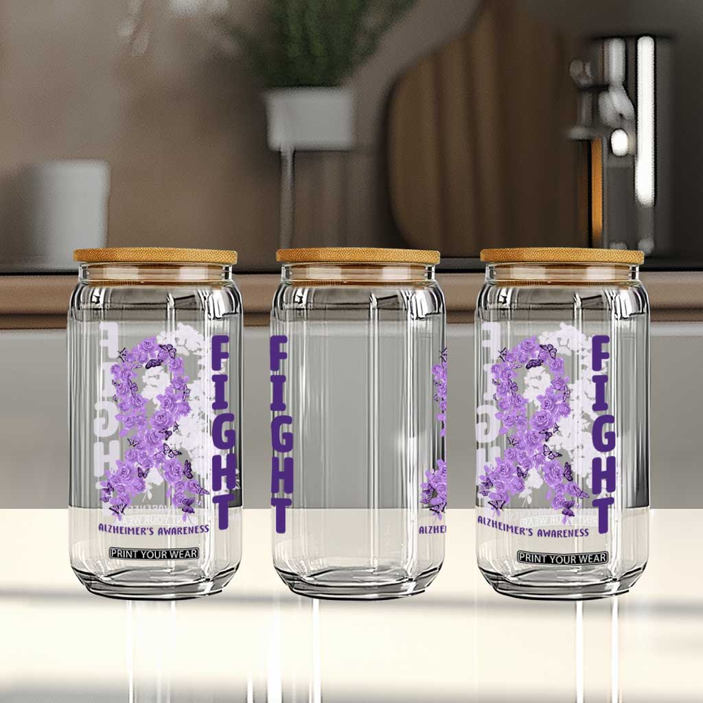 Fight Alzheimers Awareness Support Glass Can Purple Ribbon Floral Butterfly
