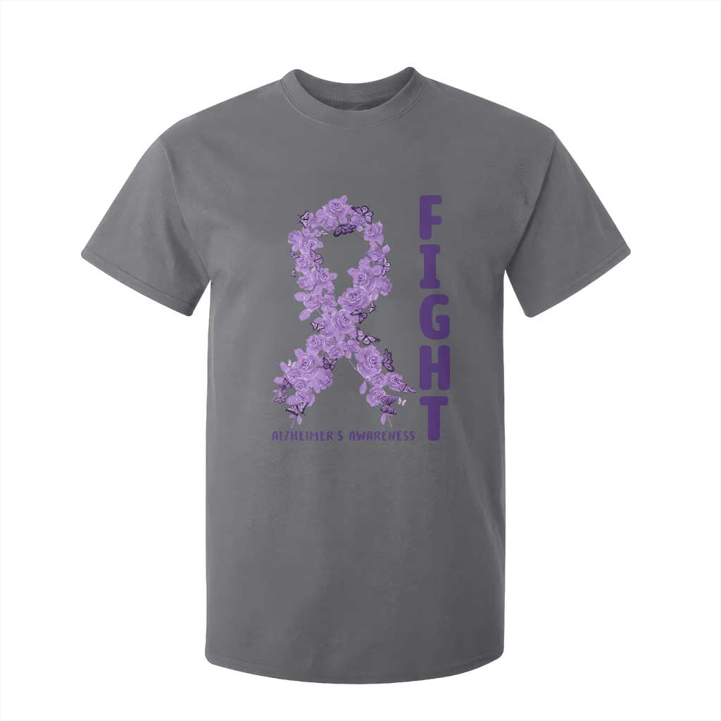 Fight Alzheimers Awareness Support T Shirt For Kid Purple Ribbon Floral Butterfly