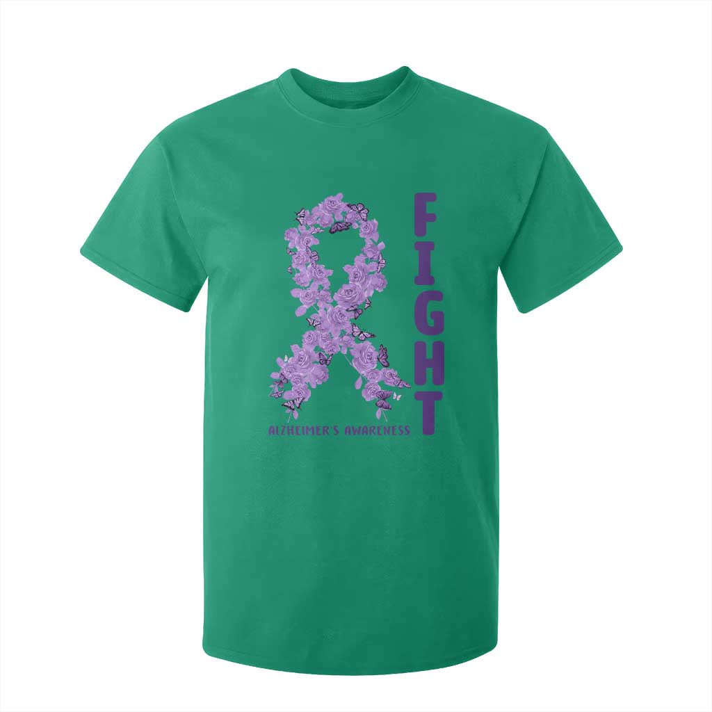 Fight Alzheimers Awareness Support T Shirt For Kid Purple Ribbon Floral Butterfly