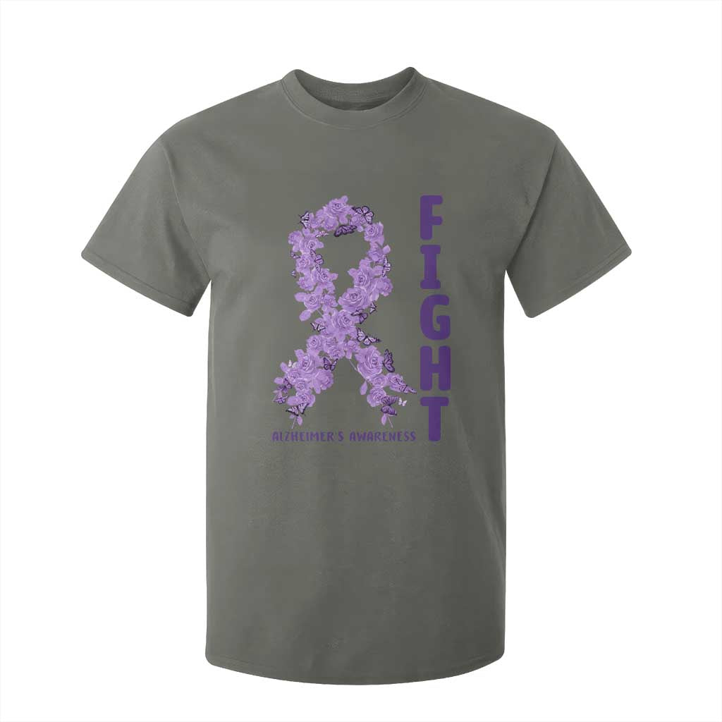 Fight Alzheimers Awareness Support T Shirt For Kid Purple Ribbon Floral Butterfly