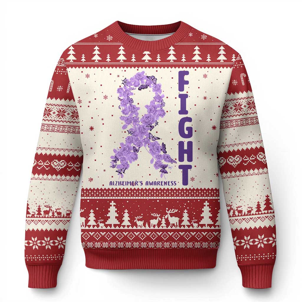 Fight Alzheimers Awareness Support Ugly Christmas Sweater Purple Ribbon Floral Butterfly TS12 Beige Red Print Your Wear