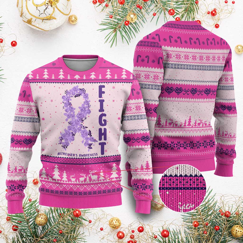 Fight Alzheimers Awareness Support Ugly Christmas Sweater Purple Ribbon Floral Butterfly