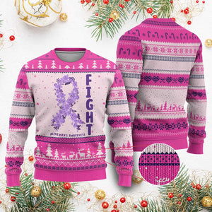 Fight Alzheimers Awareness Support Ugly Christmas Sweater Purple Ribbon Floral Butterfly