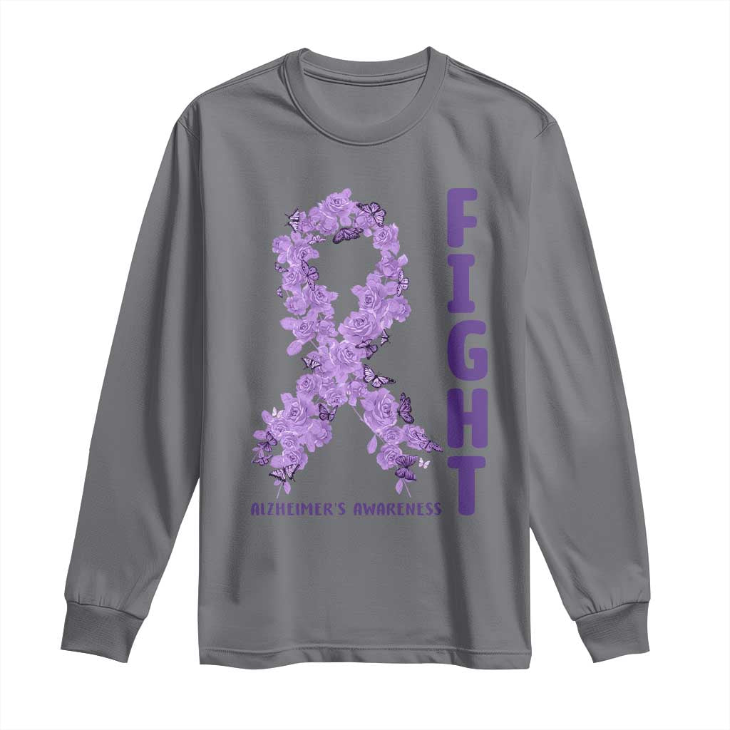 Fight Alzheimers Awareness Support Long Sleeve Shirt Purple Ribbon Floral Butterfly