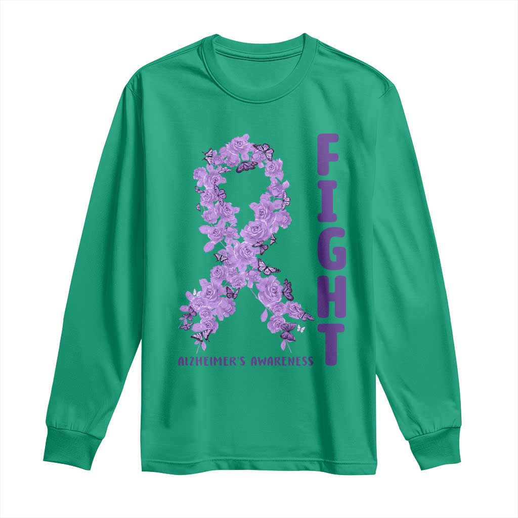 Fight Alzheimers Awareness Support Long Sleeve Shirt Purple Ribbon Floral Butterfly