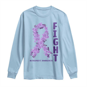Fight Alzheimers Awareness Support Long Sleeve Shirt Purple Ribbon Floral Butterfly