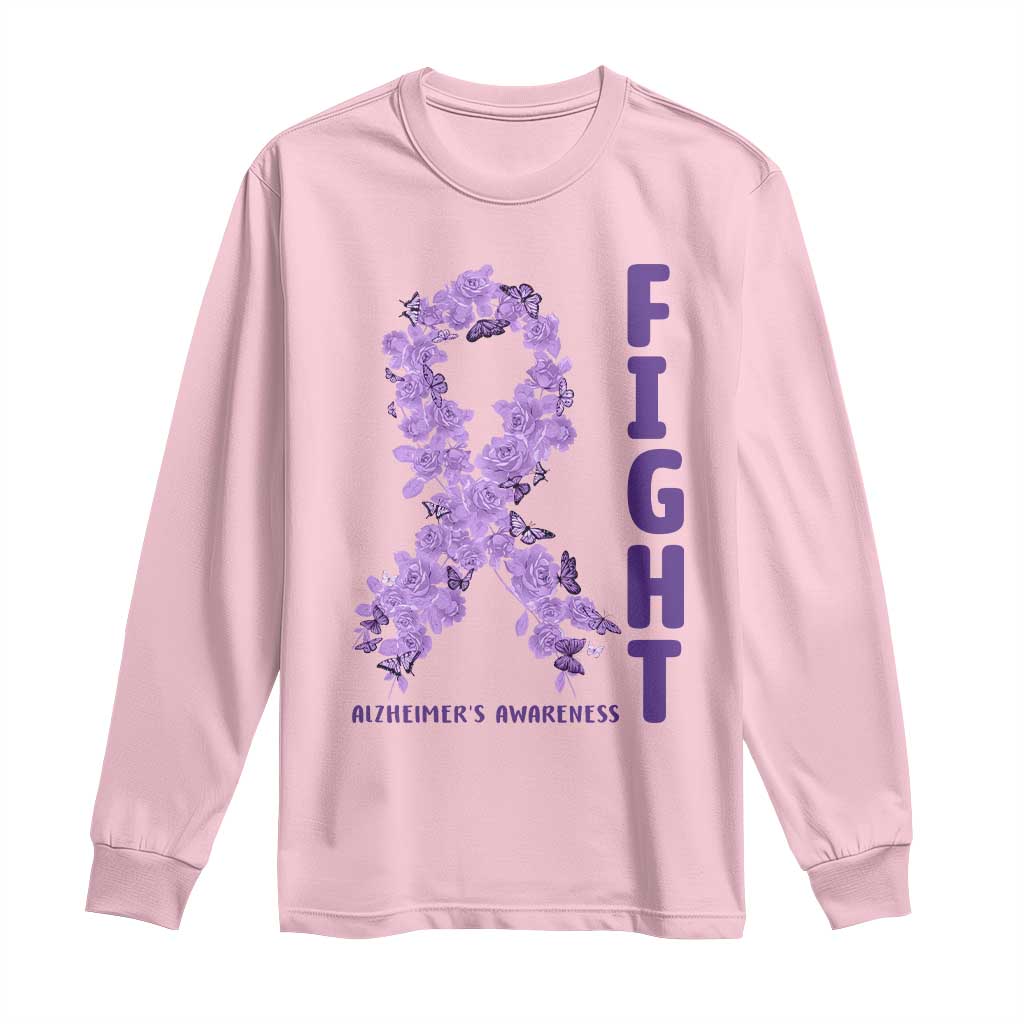Fight Alzheimers Awareness Support Long Sleeve Shirt Purple Ribbon Floral Butterfly