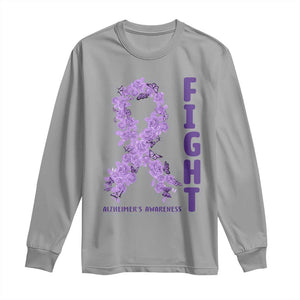 Fight Alzheimers Awareness Support Long Sleeve Shirt Purple Ribbon Floral Butterfly