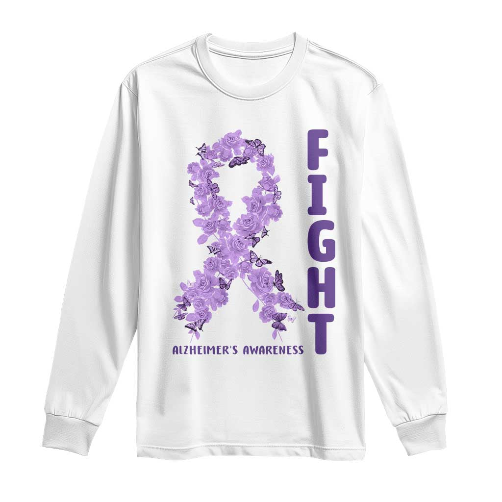 Fight Alzheimers Awareness Support Long Sleeve Shirt Purple Ribbon Floral Butterfly TS12 White Print Your Wear