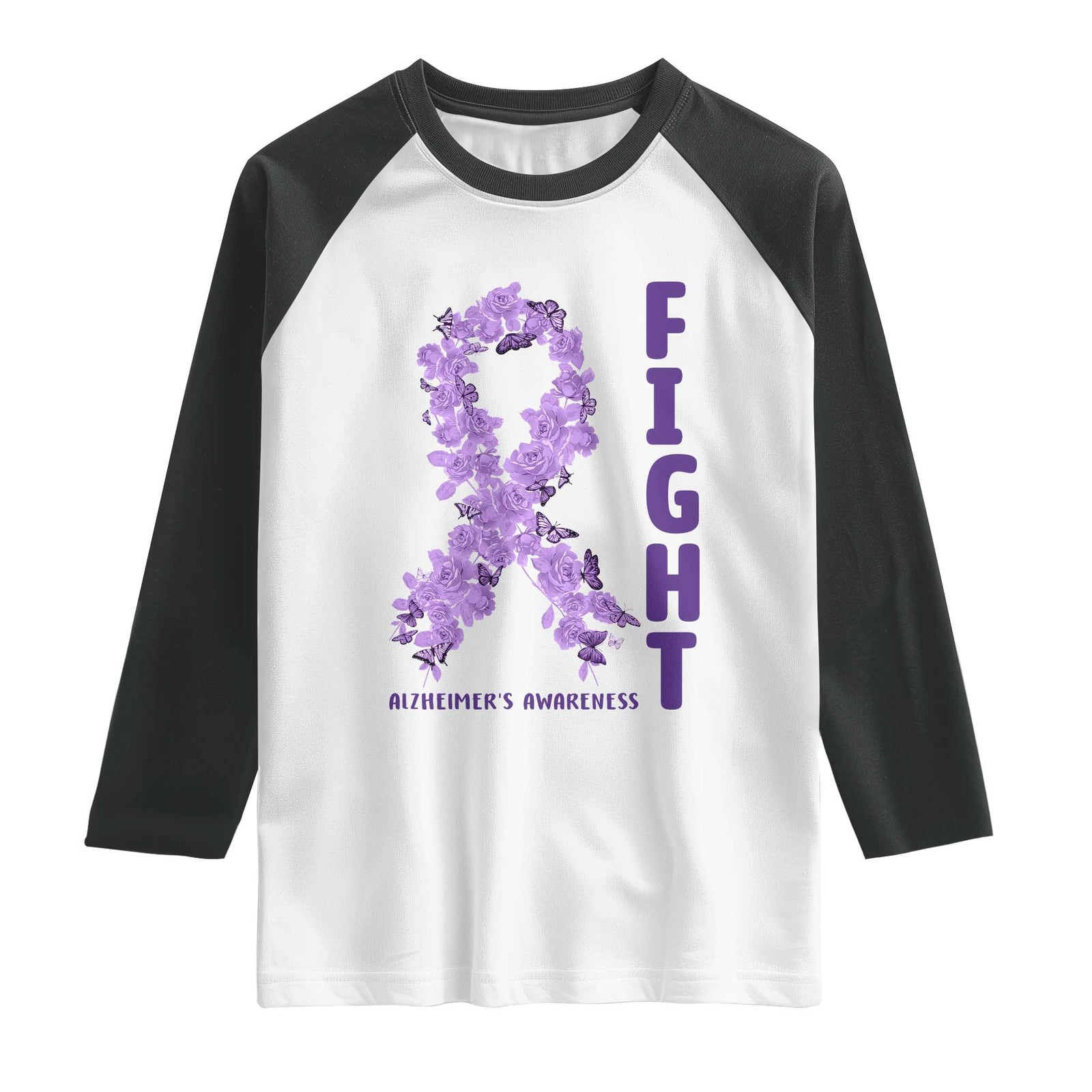 Fight Alzheimers Awareness Support Raglan Shirt Purple Ribbon Floral Butterfly TS12 White Black Print Your Wear