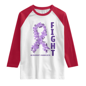 Fight Alzheimers Awareness Support Raglan Shirt Purple Ribbon Floral Butterfly