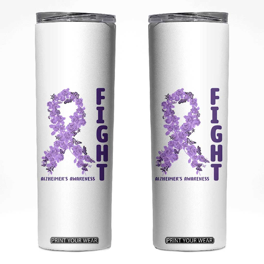Fight Alzheimers Awareness Support Skinny Tumbler Purple Ribbon Floral Butterfly TS12 White Print Your Wear
