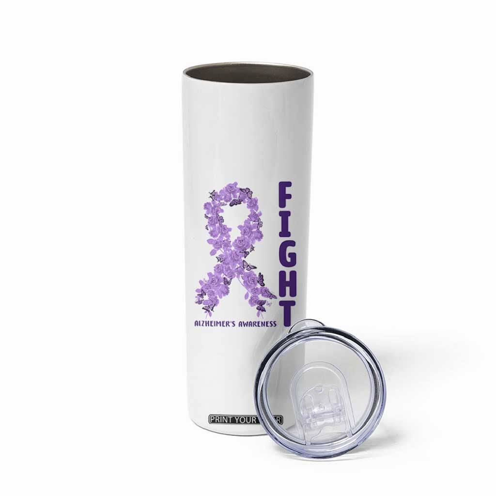 Fight Alzheimers Awareness Support Skinny Tumbler Purple Ribbon Floral Butterfly