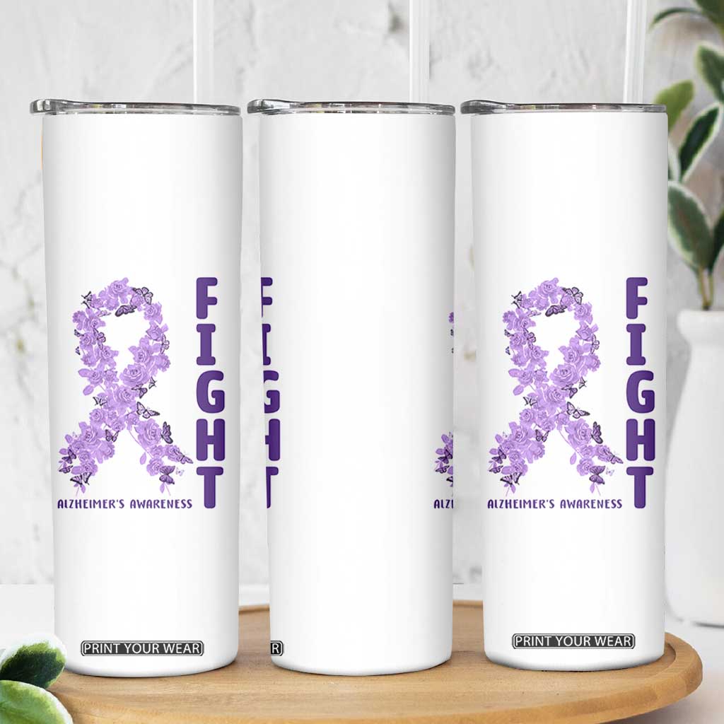 Fight Alzheimers Awareness Support Skinny Tumbler Purple Ribbon Floral Butterfly