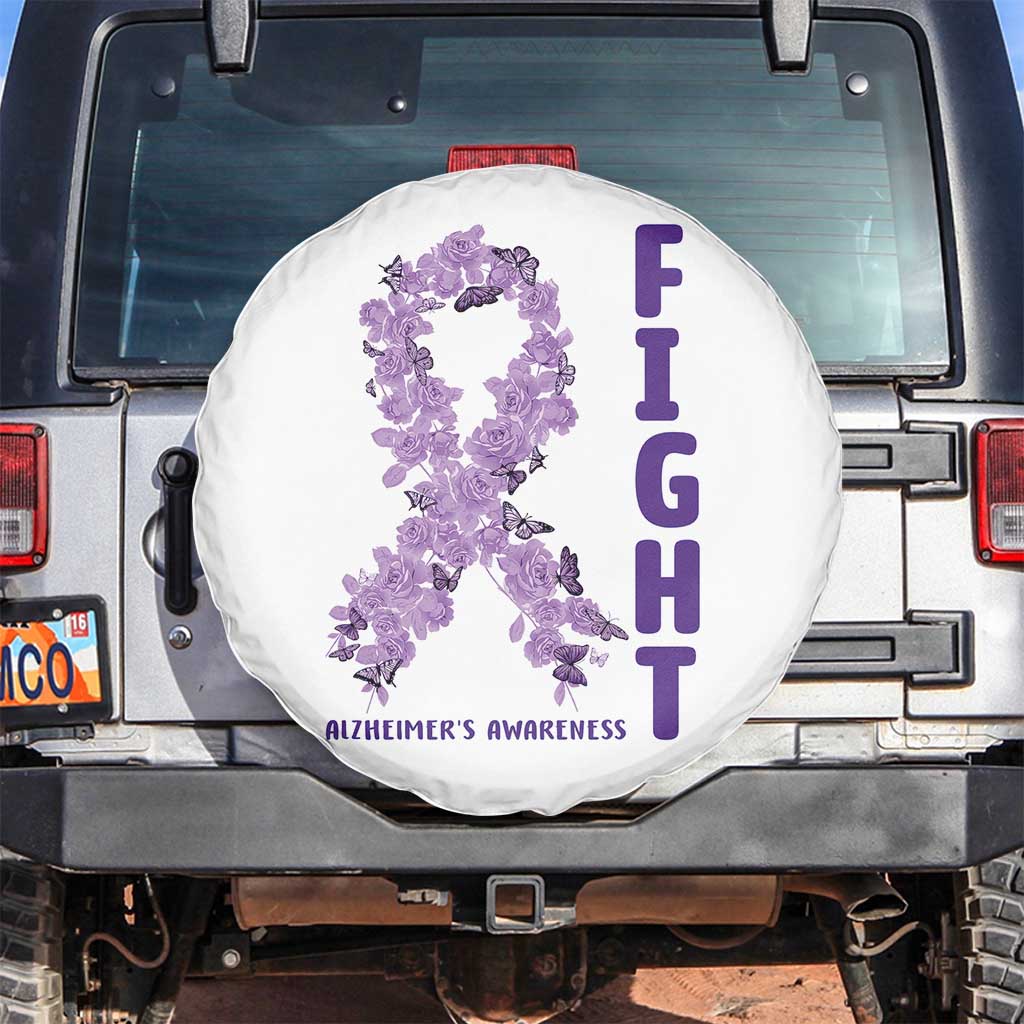 Fight Alzheimers Awareness Support Spare Tire Cover Purple Ribbon Floral Butterfly TS12 No hole White Print Your Wear
