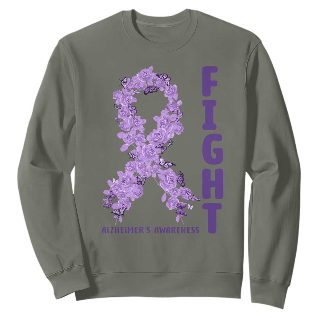 Fight Alzheimers Awareness Support Sweatshirt Purple Ribbon Floral Butterfly