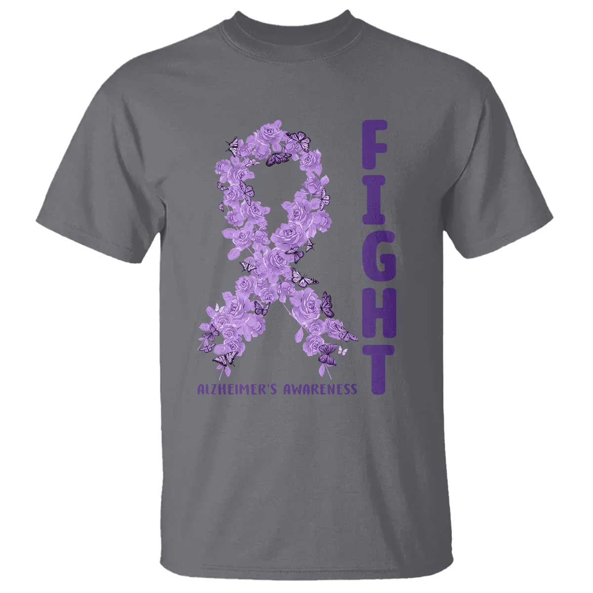 Fight Alzheimers Awareness Support T Shirt Purple Ribbon Floral Butterfly