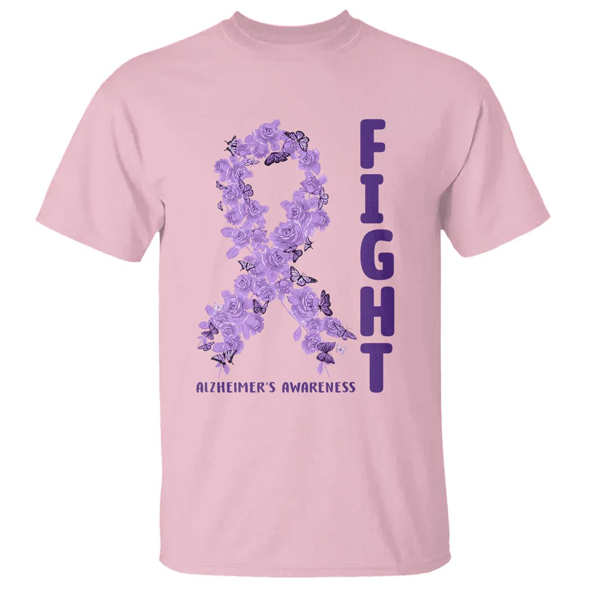 Fight Alzheimers Awareness Support T Shirt Purple Ribbon Floral Butterfly