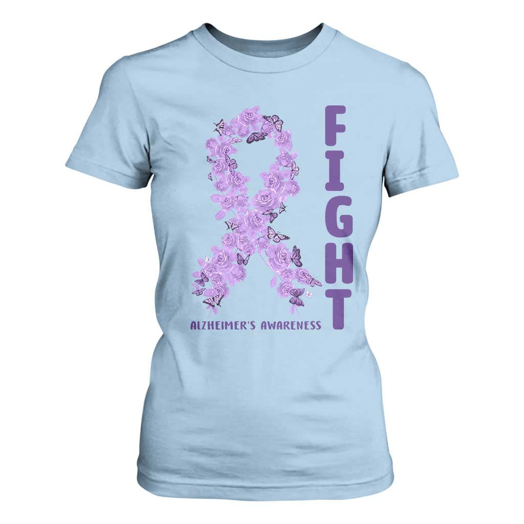 Fight Alzheimers Awareness Support T Shirt For Women Purple Ribbon Floral Butterfly