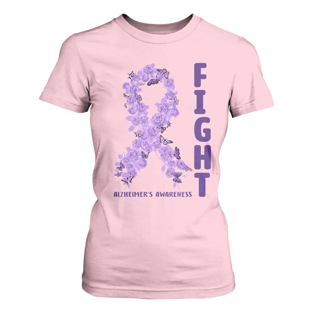 Fight Alzheimers Awareness Support T Shirt For Women Purple Ribbon Floral Butterfly