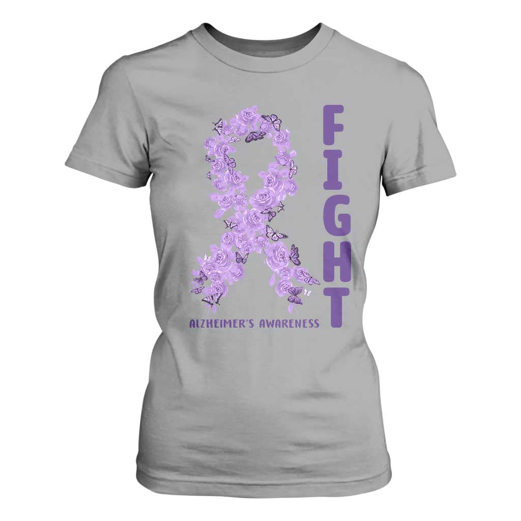Fight Alzheimers Awareness Support T Shirt For Women Purple Ribbon Floral Butterfly