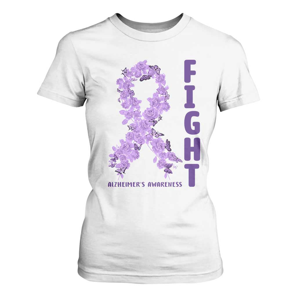 Fight Alzheimers Awareness Support T Shirt For Women Purple Ribbon Floral Butterfly