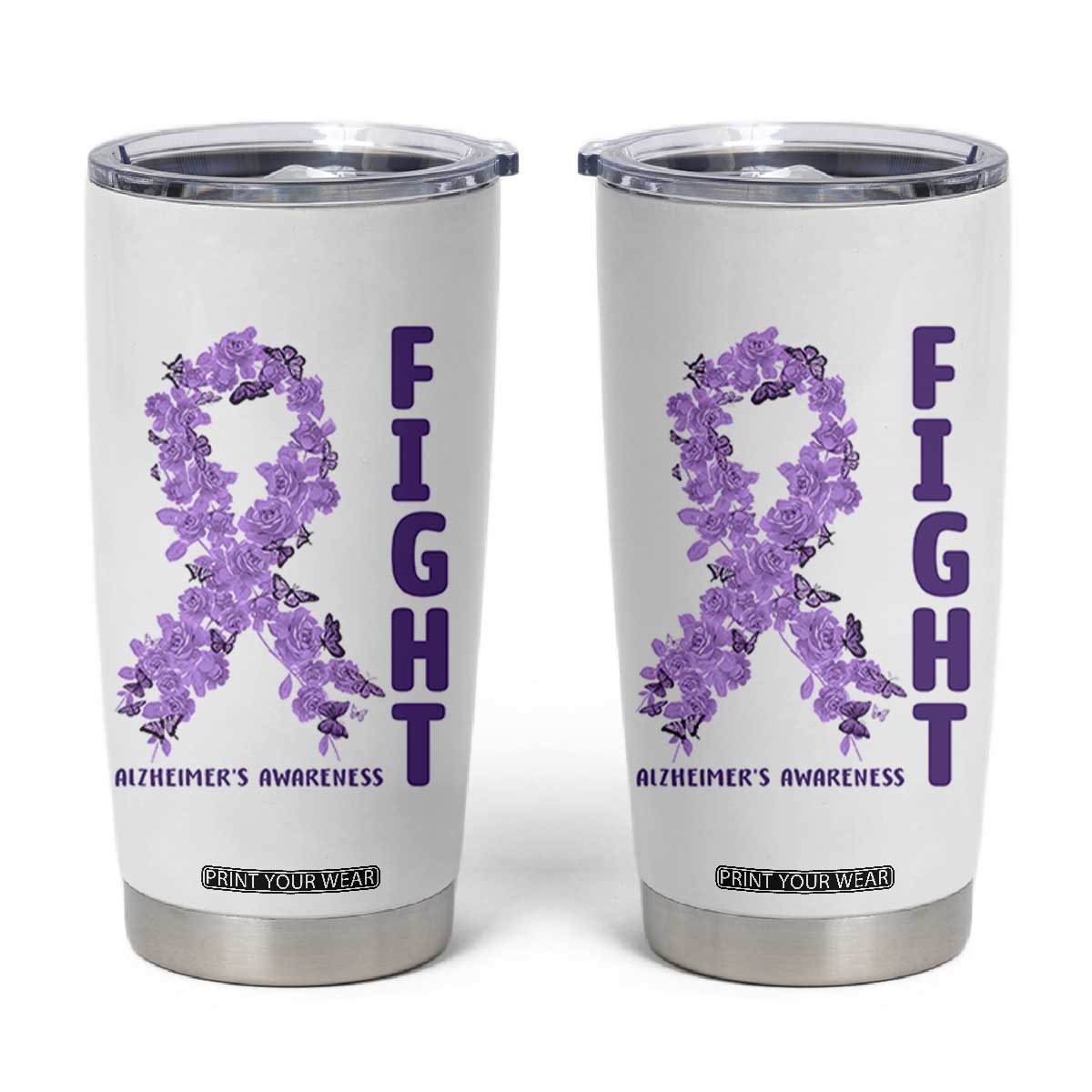 Fight Alzheimers Awareness Support Tumbler Cup Purple Ribbon Floral Butterfly