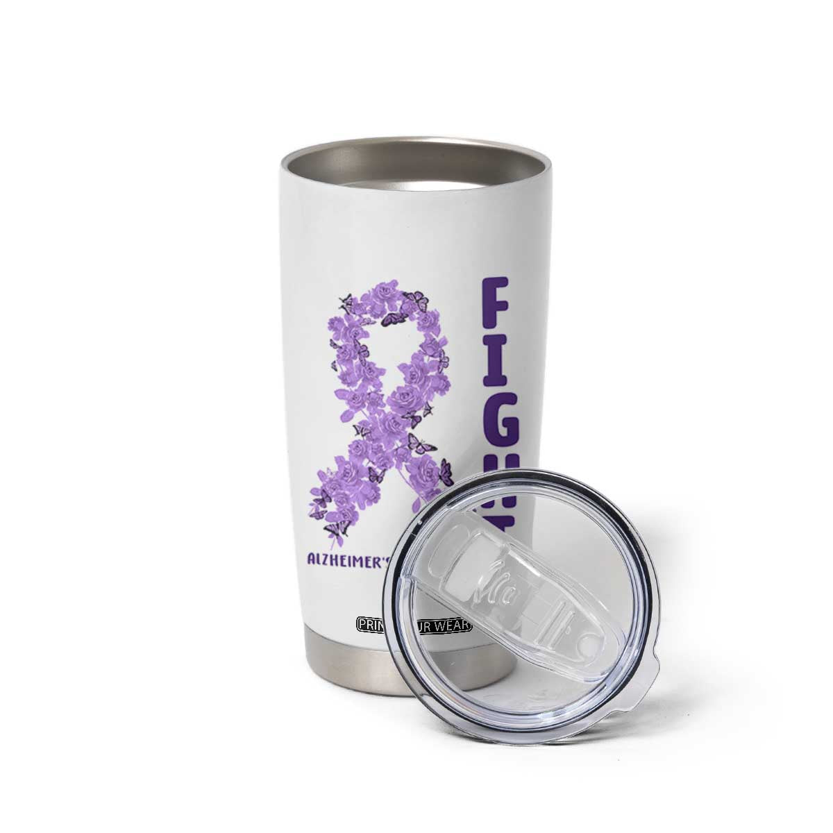 Fight Alzheimers Awareness Support Tumbler Cup Purple Ribbon Floral Butterfly