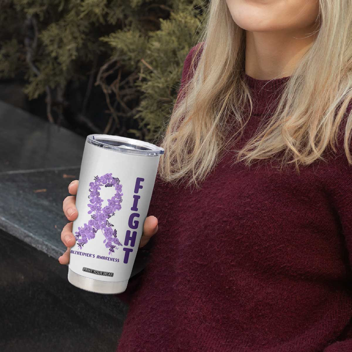 Fight Alzheimers Awareness Support Tumbler Cup Purple Ribbon Floral Butterfly