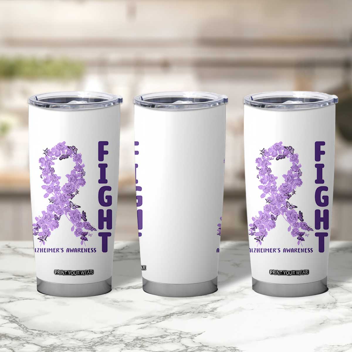 Fight Alzheimers Awareness Support Tumbler Cup Purple Ribbon Floral Butterfly