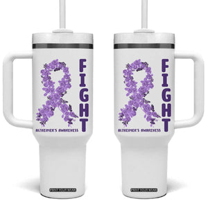 Fight Alzheimers Awareness Support Tumbler With Handle Purple Ribbon Floral Butterfly