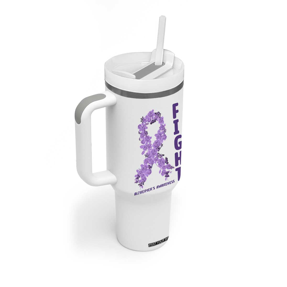 Fight Alzheimers Awareness Support Tumbler With Handle Purple Ribbon Floral Butterfly