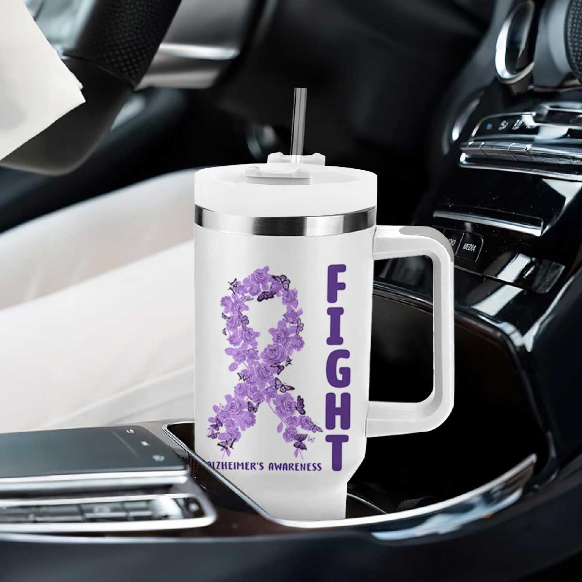 Fight Alzheimers Awareness Support Tumbler With Handle Purple Ribbon Floral Butterfly
