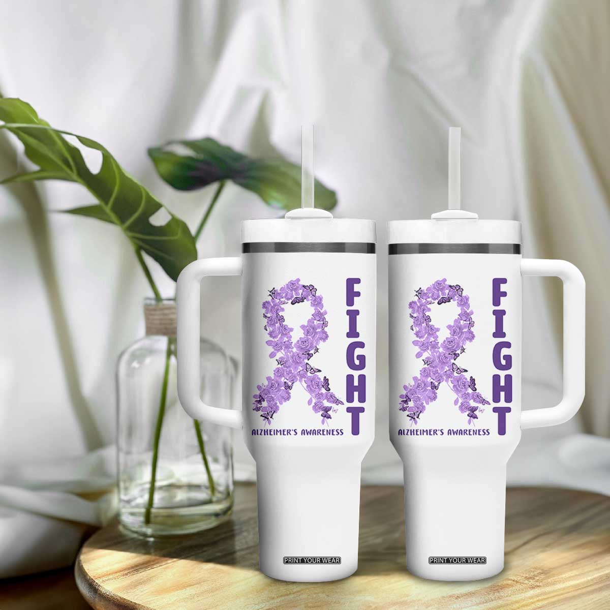 Fight Alzheimers Awareness Support Tumbler With Handle Purple Ribbon Floral Butterfly