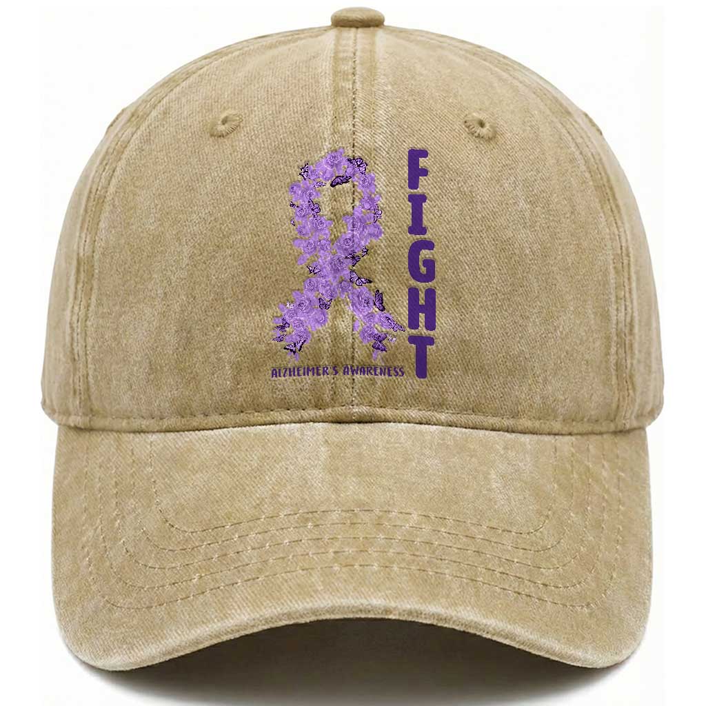 Fight Alzheimers Awareness Support Washed Cotton Baseball Cap Purple Ribbon Floral Butterfly TS12 Print Your Wear