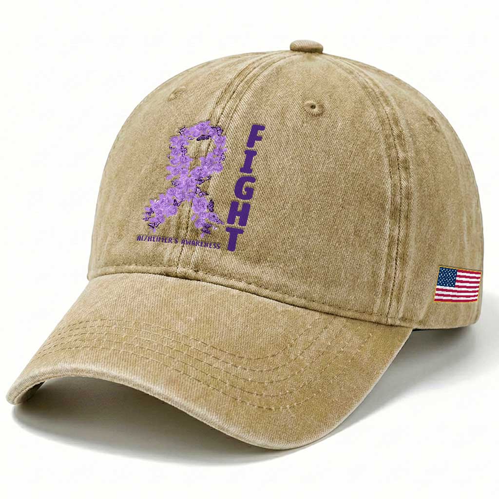 Fight Alzheimers Awareness Support Washed Cotton Baseball Cap Purple Ribbon Floral Butterfly
