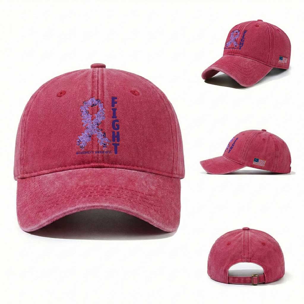 Fight Alzheimers Awareness Support Washed Cotton Baseball Cap Purple Ribbon Floral Butterfly