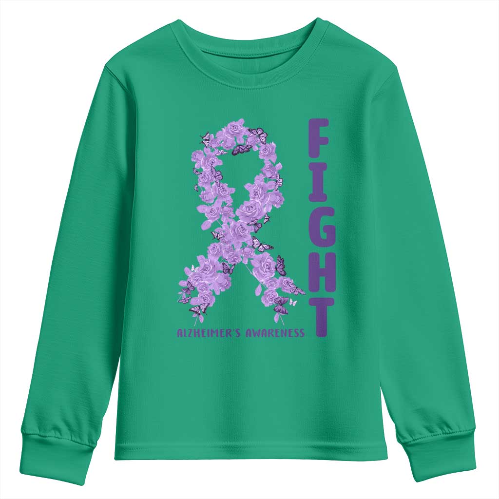 Fight Alzheimers Awareness Support Youth Sweatshirt Purple Ribbon Floral Butterfly