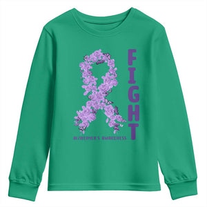 Fight Alzheimers Awareness Support Youth Sweatshirt Purple Ribbon Floral Butterfly