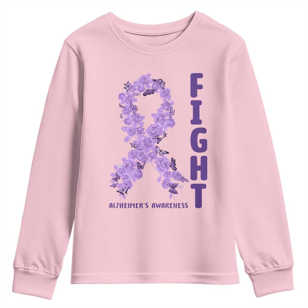 Fight Alzheimers Awareness Support Youth Sweatshirt Purple Ribbon Floral Butterfly