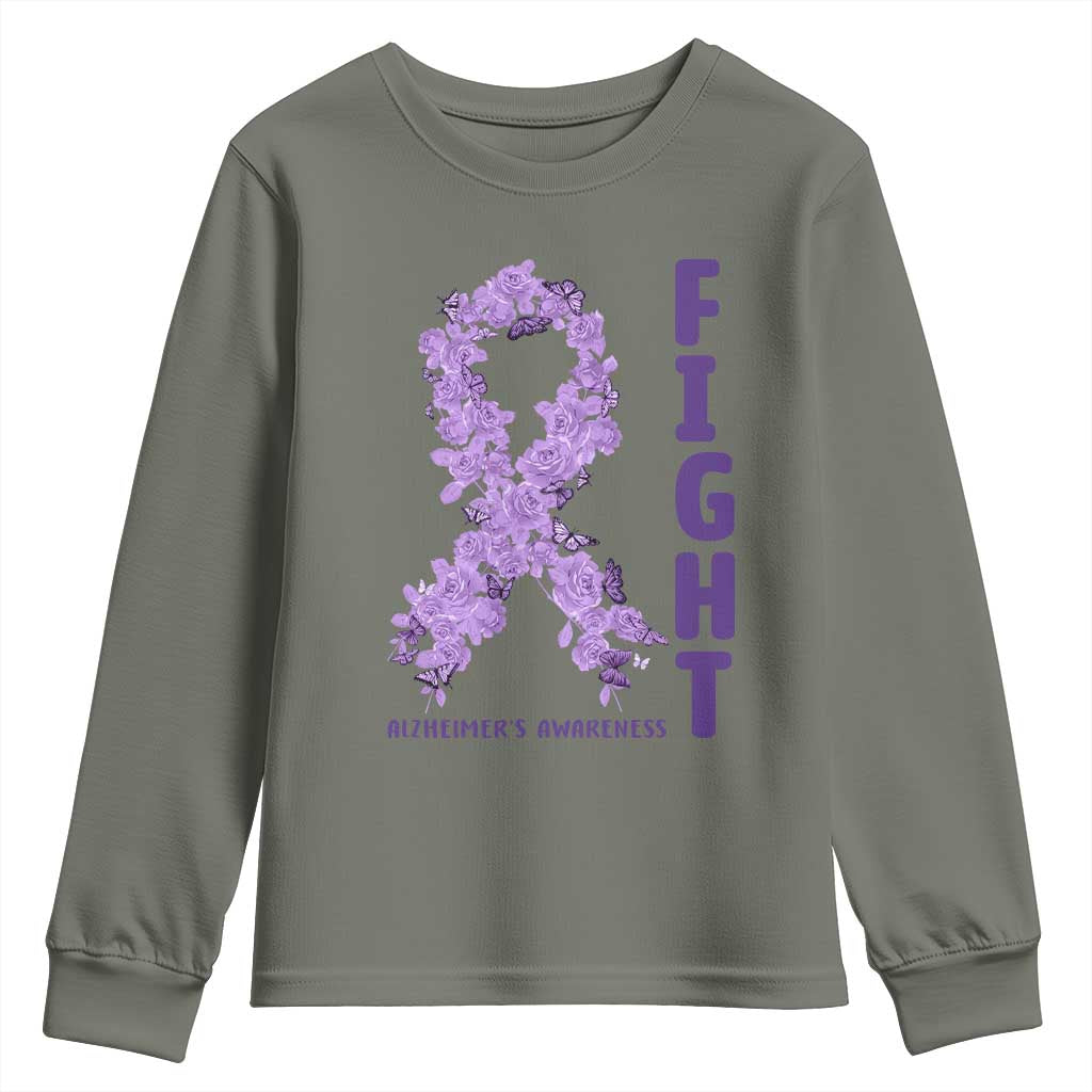 Fight Alzheimers Awareness Support Youth Sweatshirt Purple Ribbon Floral Butterfly