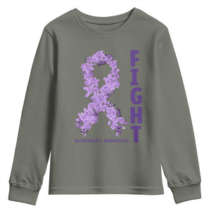 Fight Alzheimers Awareness Support Youth Sweatshirt Purple Ribbon Floral Butterfly