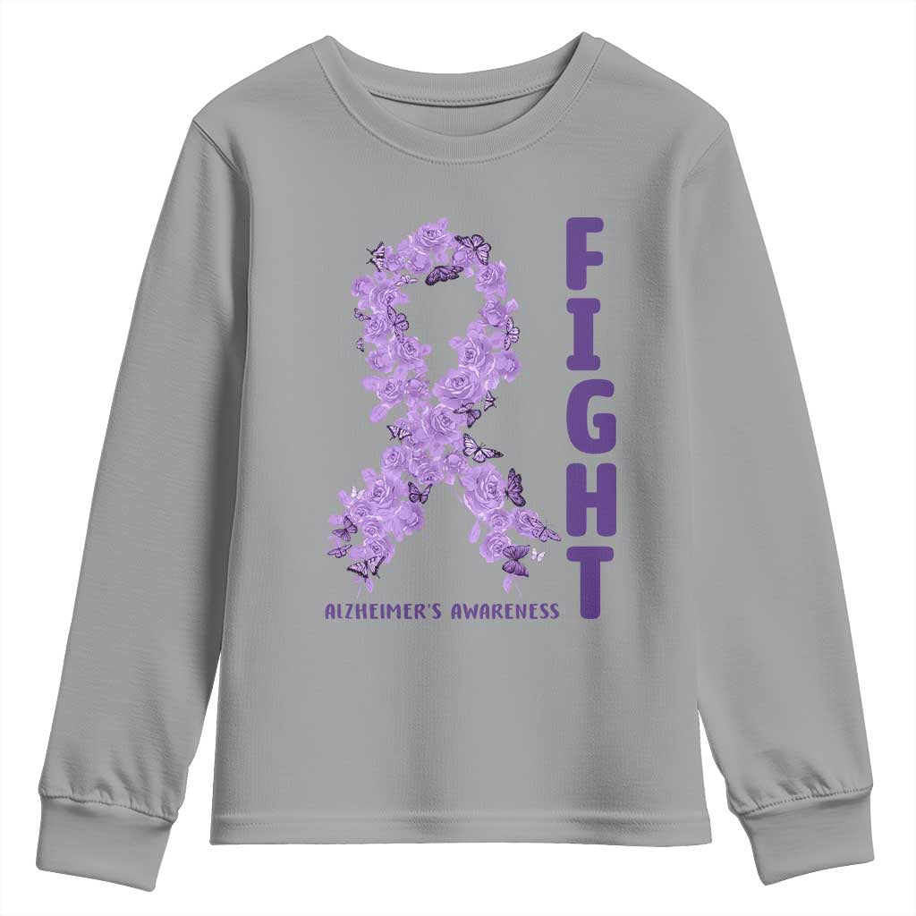 Fight Alzheimers Awareness Support Youth Sweatshirt Purple Ribbon Floral Butterfly