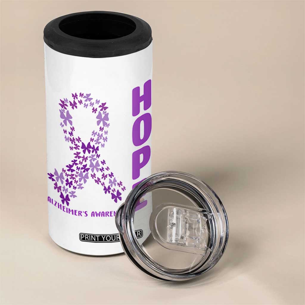 Hope Alzheimer's Awareness Purple Butterfly Ribbon Support 4 in 1 Can Cooler Tumbler