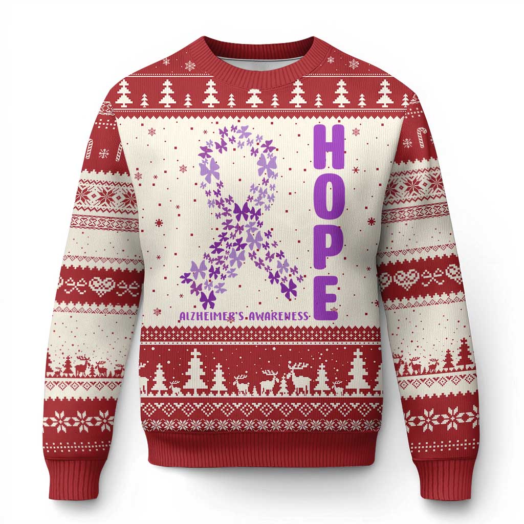 Hope Alzheimer's Awareness Purple Butterfly Ribbon Support Ugly Christmas Sweater TS12 Beige Red Print Your Wear