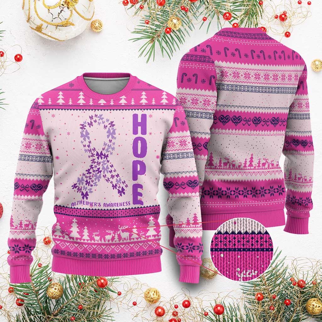Hope Alzheimer's Awareness Purple Butterfly Ribbon Support Ugly Christmas Sweater